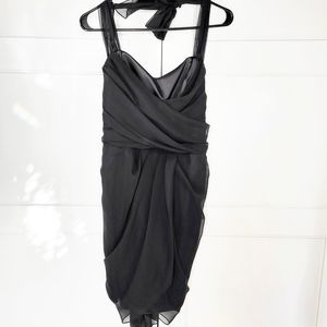 NWOT Black satin chiffon halter wrap dress
